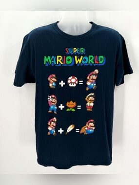Mario World Tshirt Men’s L Blue Graphic Super Nintendo Short Sleeve Crew Tee